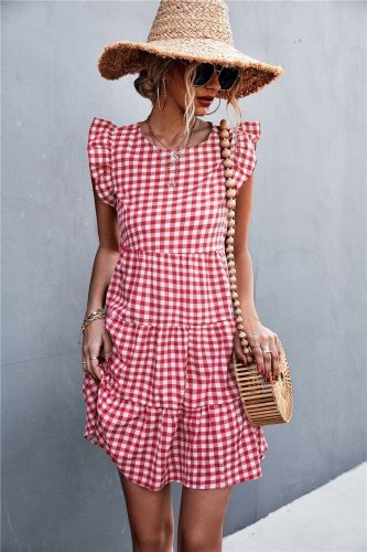 2022 Spring and summer new hot selling explosive models ruffle fly fly sleeve plaid dress A short dress
