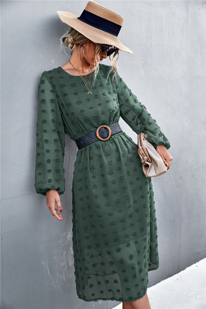 2022 Spring and summer new hot round neck long-sleeved dot jacquard dresses in the long dress
