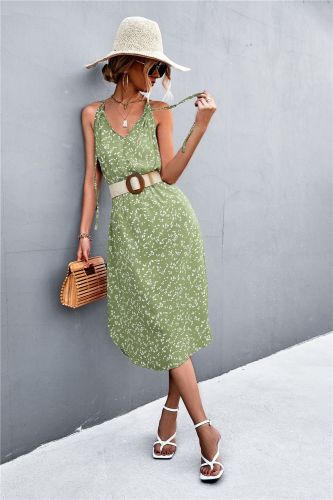 2022 Spring and summer hot new lace-up V-neck dotted open dress halter dress