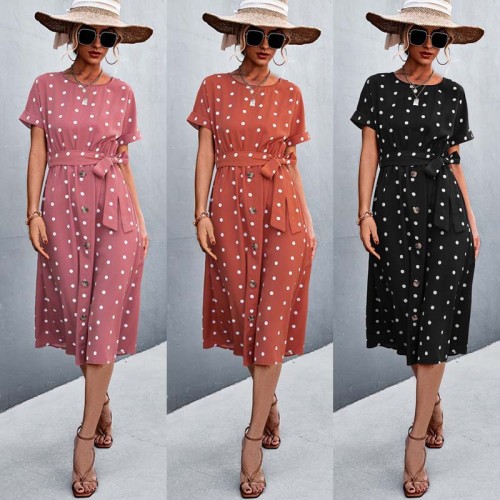 2022 Spring and summer new explosive single-breasted polka dot dress tied long dress