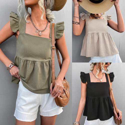 2022 Spring and summer new hot solid color U-shaped collar sleeveless tops short T-shirt