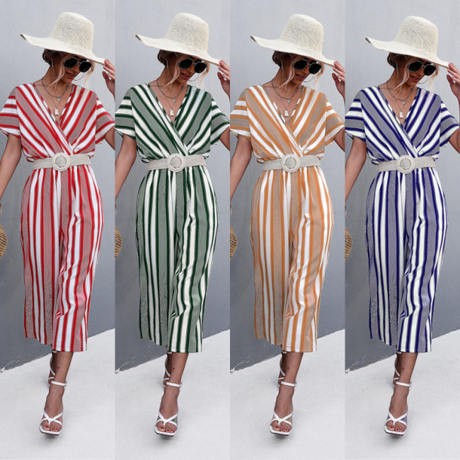 2022 Spring and summer new hot collision color stitching stripes V-neck casual jumpsuit