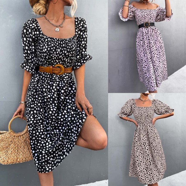 2022 Spring and summer new hot selling explosive retro square collar bubble sleeve dotted hit Range dress