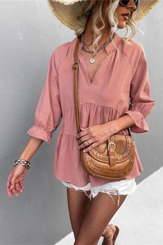 2022 Spring and summer new explosive solid color V-neck seven-part sleeve large hem loose casual tops