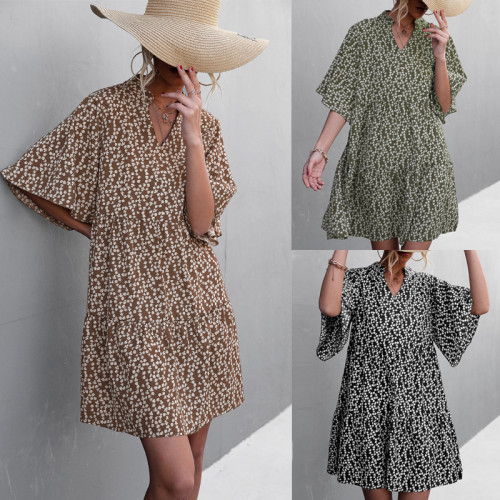 Spring and summer new 2022 hot selling explosive models V-neck flared sleeve printed dresses swing dress female