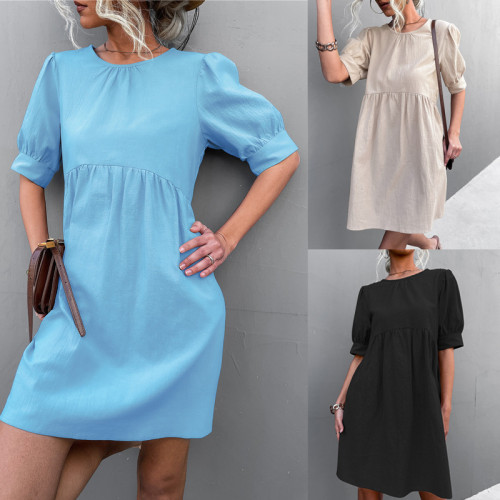 2022 Spring and summer hot solid color basic paragraph round neck button bubble sleeve dress