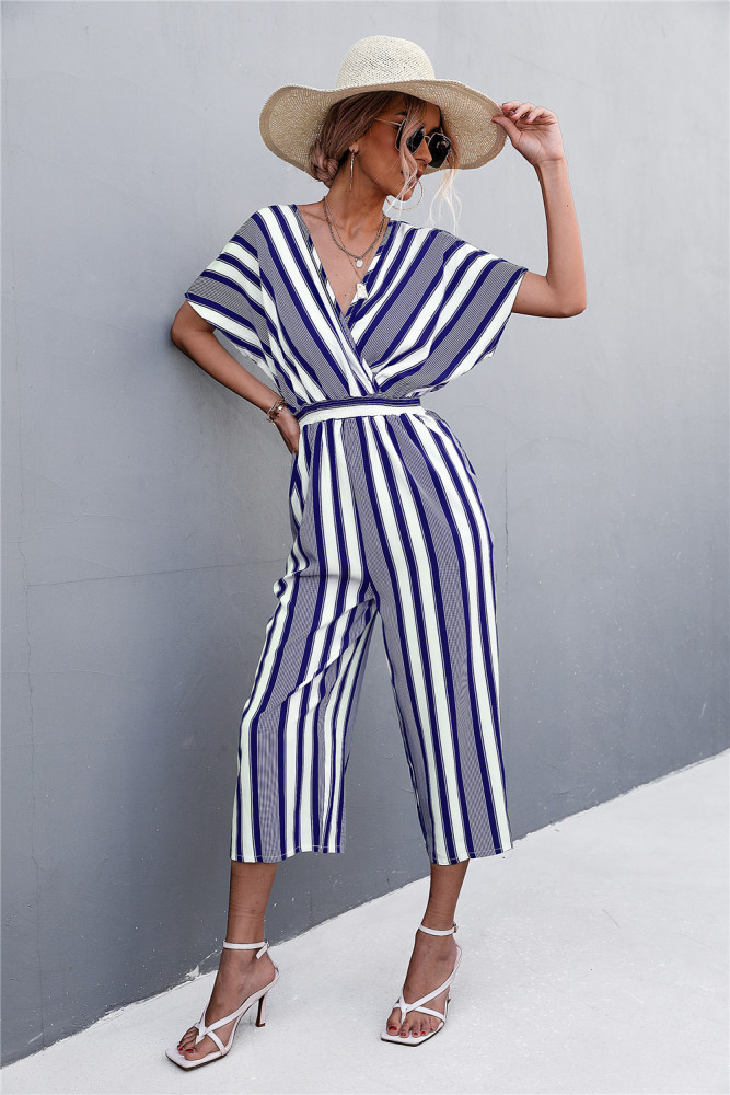 2022 Spring and summer new hot collision color stitching stripes V-neck casual jumpsuit