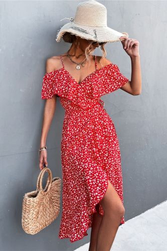 2022 spring and summer new women's hot models a shoulder floral halter dress irregular long dress