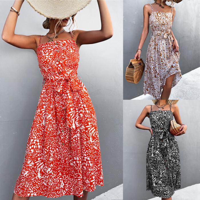 Spring and summer new 2022 hot sexy leopard print row buckle dress halter dress female