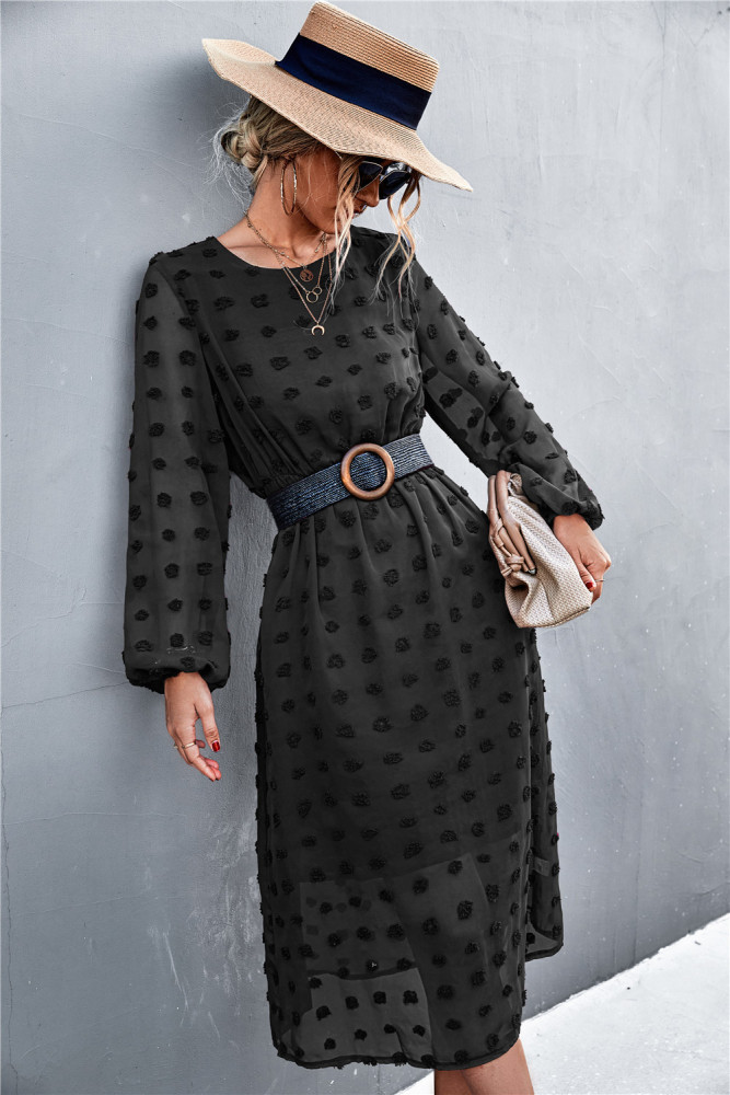 2022 Spring and summer new hot round neck long-sleeved dot jacquard dresses in the long dress