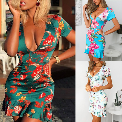 2022 Spring and summer sexy V-neck backless Slim package hip printed dress female