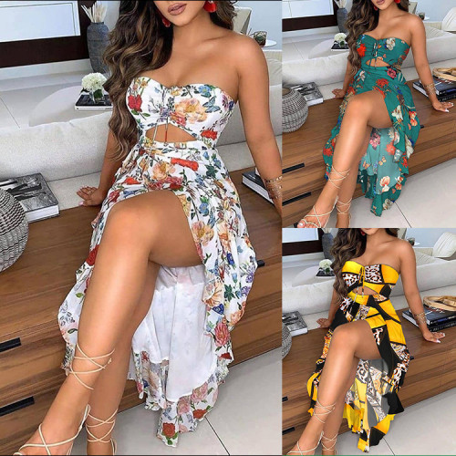 2022 New spring and summer explosive models printed strapless bust open sexy dresses female