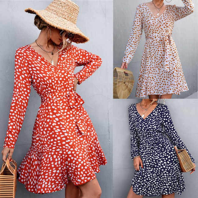 2022 spring and summer new hot bubble sleeve cross V-neck straps dotted dresses women