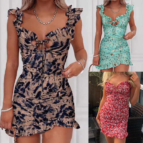2022 Spring and summer halter sexy print ruffle edge package hip dress short dress female