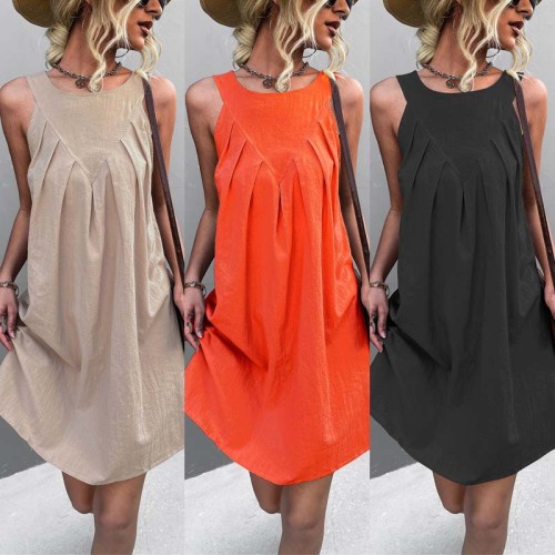 2022 Spring and summer new models of solid color sleeveless hanging neck pleated dresses large swing dress