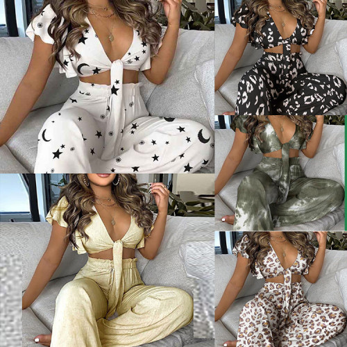 Ruffle top pleated pants set casual home two-piece female