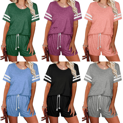 2022 New spring and summer women's two-piece short-sleeved home wear sportswear patchwork round neck set
