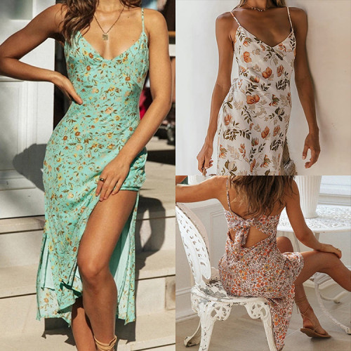  Floral halter slim hollow backless open sexy dress