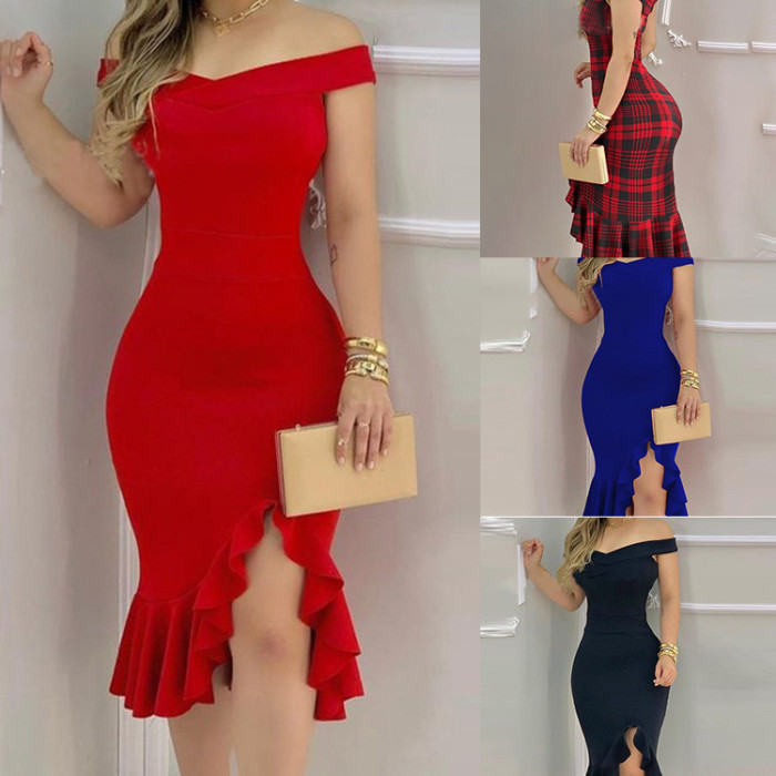One-line collar strapless sexy Slim package hip ruffle dress