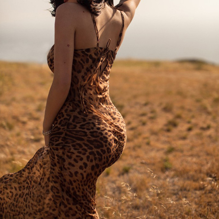 Leopard print halter low-cut backless sexy dress