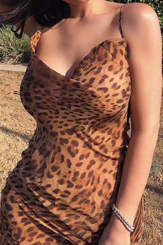 Leopard print halter low-cut backless sexy dress