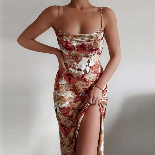 Spring and summer new halter print low-cut sexy backless open dress