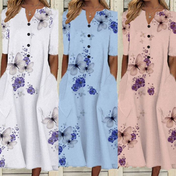 Spring and summer new V-neck print casual loose commuter high-waisted dress