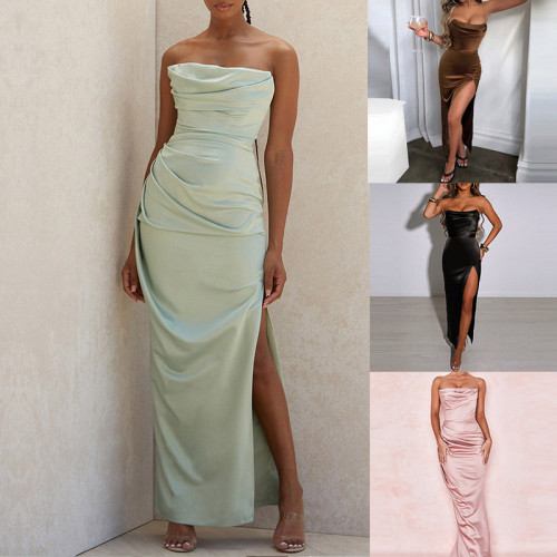 Spring and summer new bustier long dress sexy solid color high waist open dress