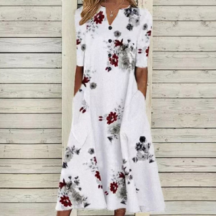 Spring and summer new V-neck print casual loose commuter high-waisted dress