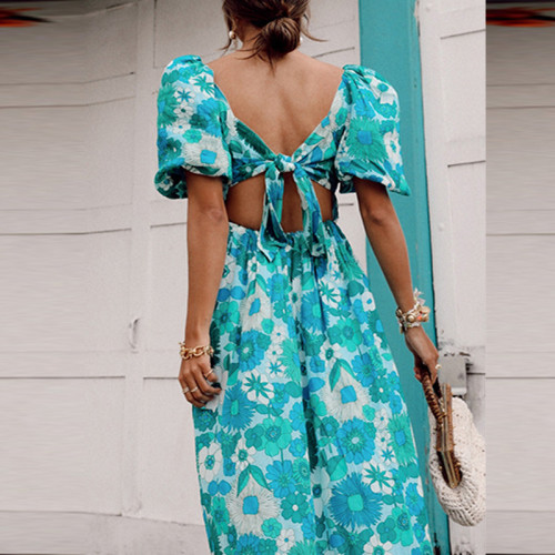 Spring and summer new short-sleeved commuter printed long dress backless laced dress