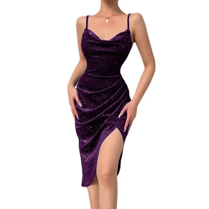 Sexy velvet solid color glitter material open pleated camisole dress female