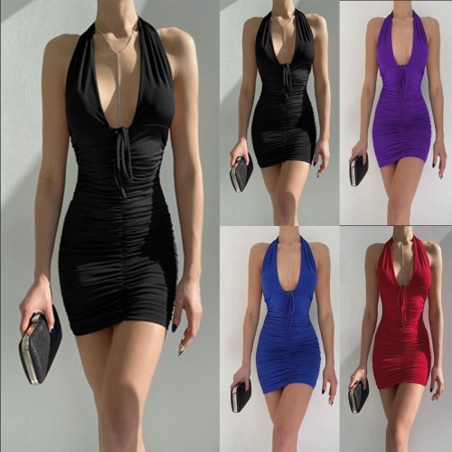 Deep V tank top drawstring pleated strappy dresses for women