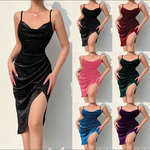 Sexy velvet solid color glitter material open pleated camisole dress female