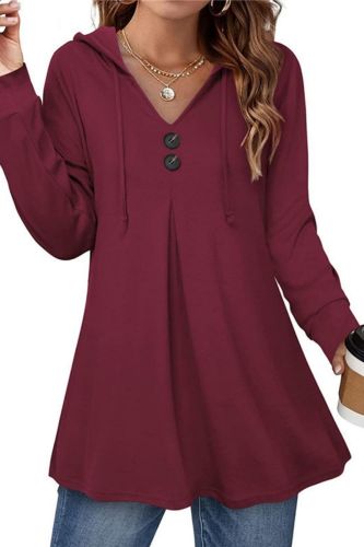 Casual button V-neck long-sleeved hooded tops sweatshirt women