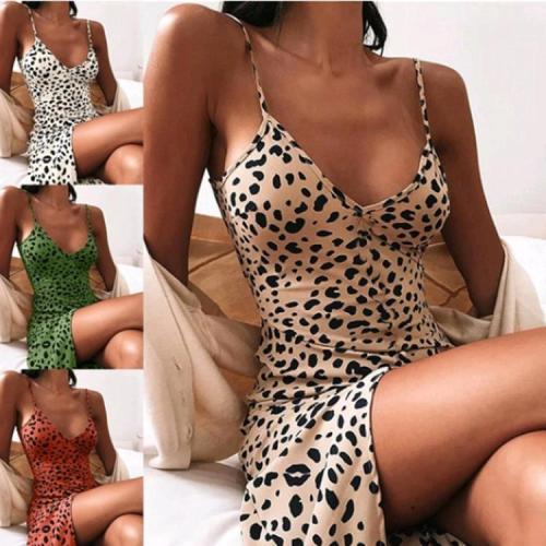 Leopard print v-neck halter dresses for women