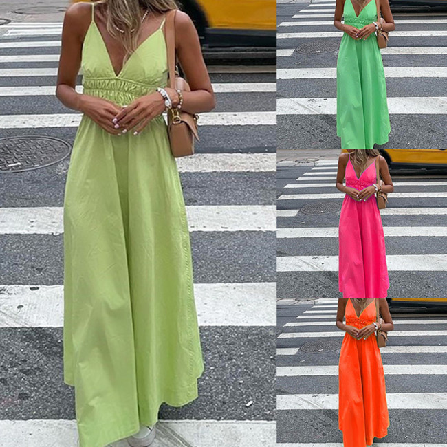 Street solid color halter dress long sexy V-neck swing dress