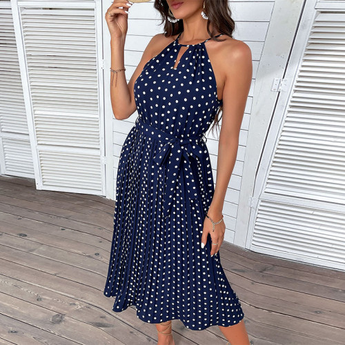 Summer mid-length dress blue halter polka dot beach dress