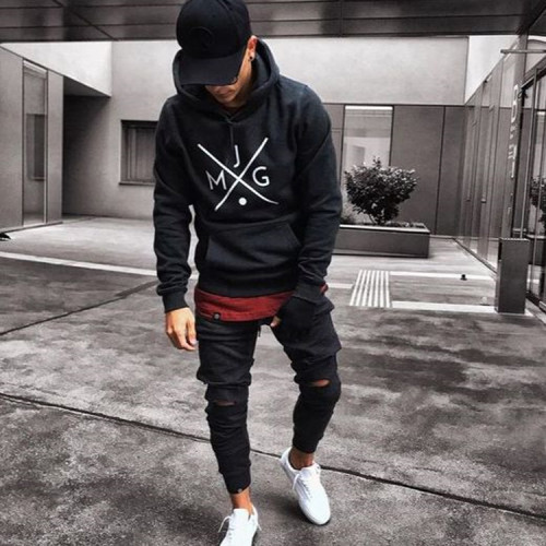 The new men's hoodie black street hipster print long-sleeved sweatshirt