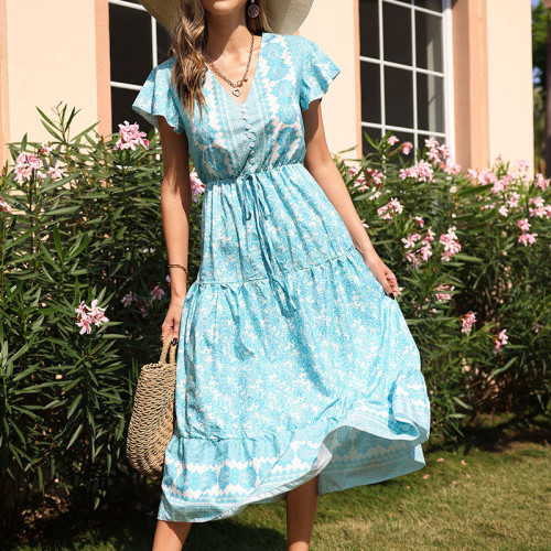 Summer vintage mid-length dress short sleeve green wind dress