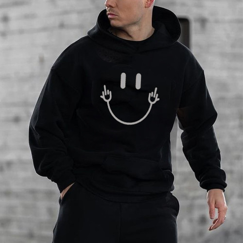 Smiley print long-sleeved sweatshirt black hooded street trend men's clothing