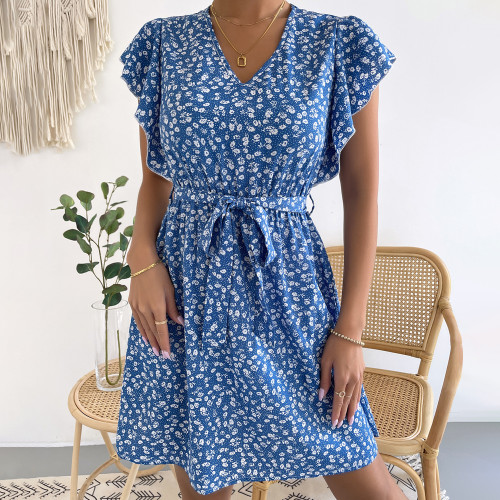 2022 New blue short-sleeved V-neck loose mid-waist temperament printed dress