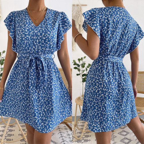 2022 New blue short-sleeved V-neck loose mid-waist temperament printed dress
