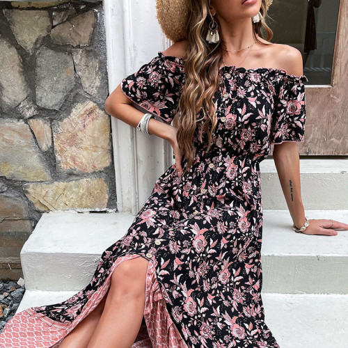 Summer mid-length dress floral print one-piece collar black dress