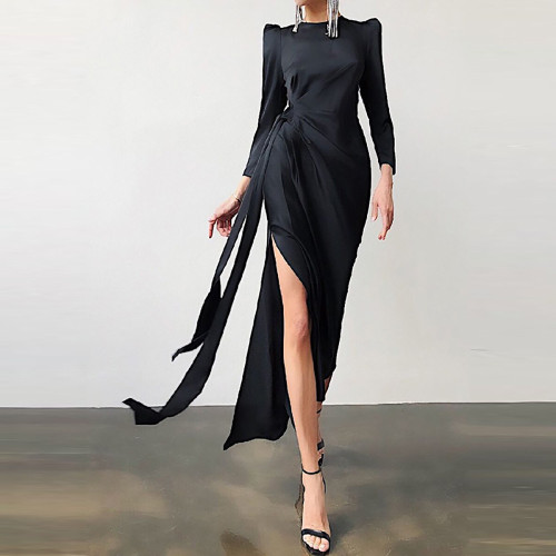2021 New Satin Dress Female Lantern Sleeves Waist Slit Slim Long Dress