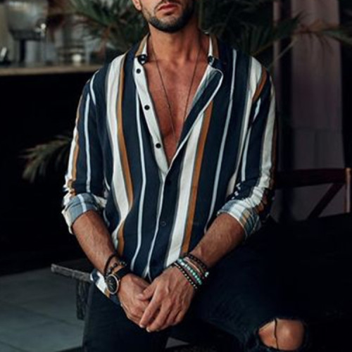 Fashion striped print long sleeve lapel shirt