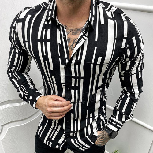 Black slim men's lapel shirt stripes printed long-sleeved casual top