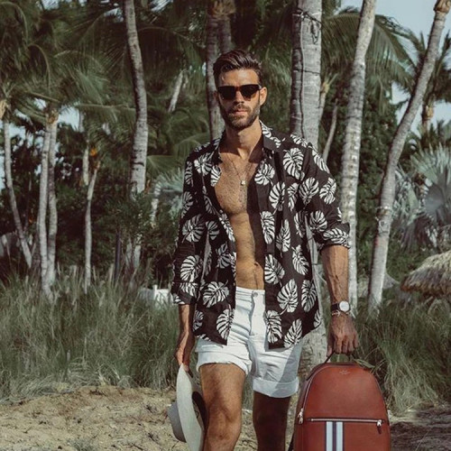 Men's shirt black maple print long sleeve vacation casual tops tide