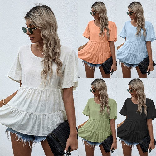Solid color stitching short-sleeved round neck ruffled doll clothes models of women's tops T-shirt