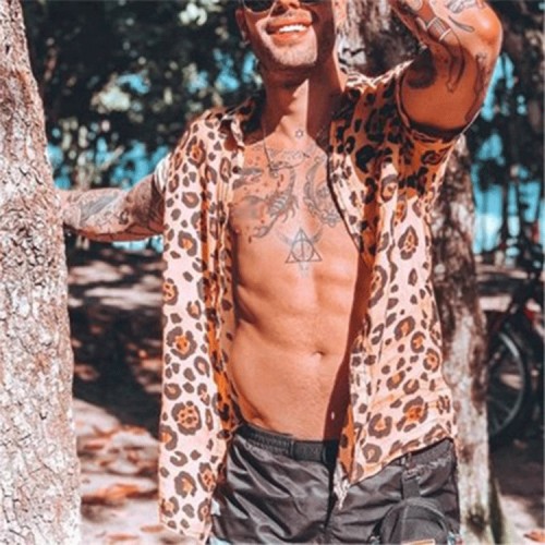 Men's leopard print short-sleeved printed shirt casual beach resort style tops