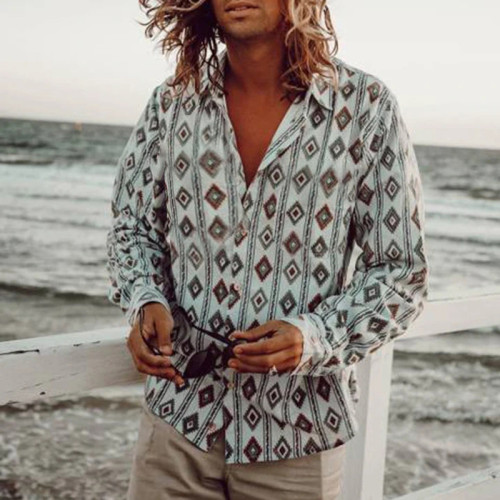 Men's shirt new Hawaiian casual beach print long-sleeved